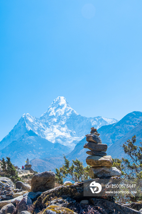 view of Himalayan Mountains from Nangkar Tshang View Point, Dingboche, Sagarmatha national park, Everest Base Camp 3 Passes Trek, Nepal.