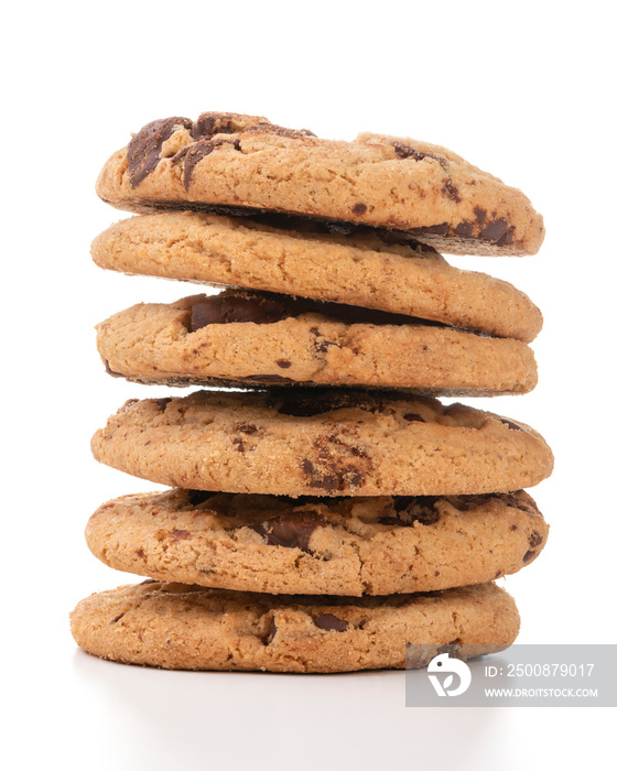 Chocolate chip cookies isolated on white background with shadow.