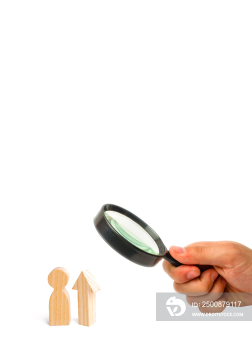 Magnifying glass is looking at a Wooden figure of people and the arrow up. Increase and growth, static data. Level up. Improving the quality of service and staff. growth of the rating