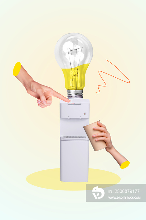 Vertical collage image of two human arms finger point touch button hold cup water machine light bulb instead bottle