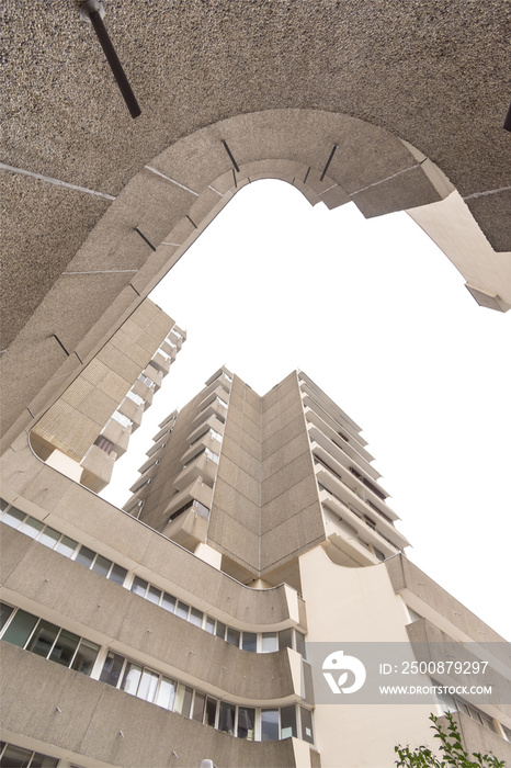 Isolated PNG cutout of a brutalist cityscape on a transparent background, ideal for photobashing, matte-painting, concept art