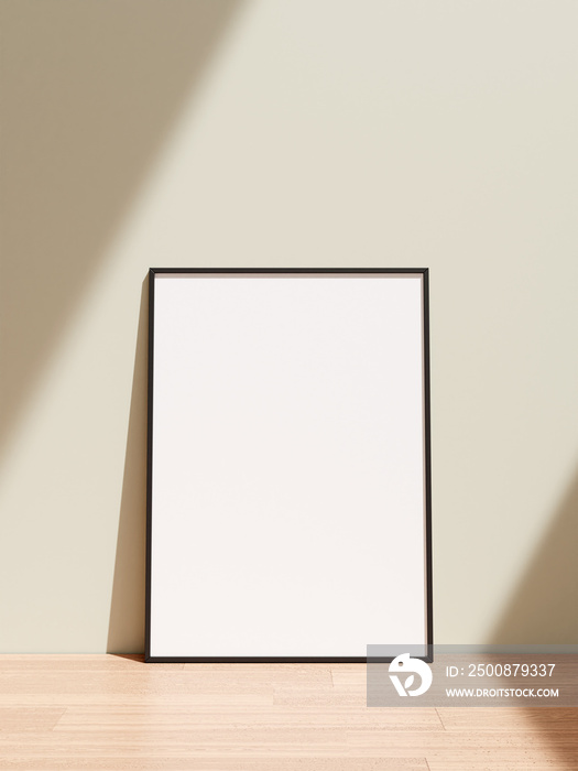 Poster frame mockup standing on wooden floor in living room with shadow.