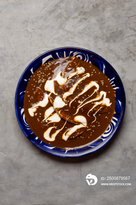 Mexican food. Enchiladas with mole sauce also called Enmoladas on grey background