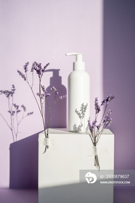 Jars of cosmetics on a purple background with lavender.