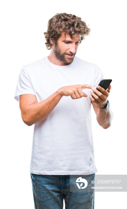 Handsome hispanic man model sending message texting using smartphone over isolated background with a happy face standing and smiling with a confident smile showing teeth