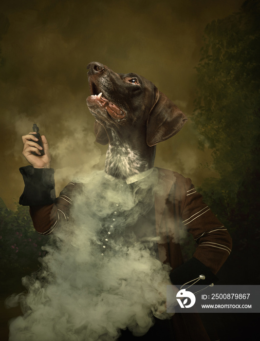 In clouds of smoke. Model like medieval person in vintage clothing headed by dog head isolated on retro background. Concept of comparison of eras, artwork. Surrealism