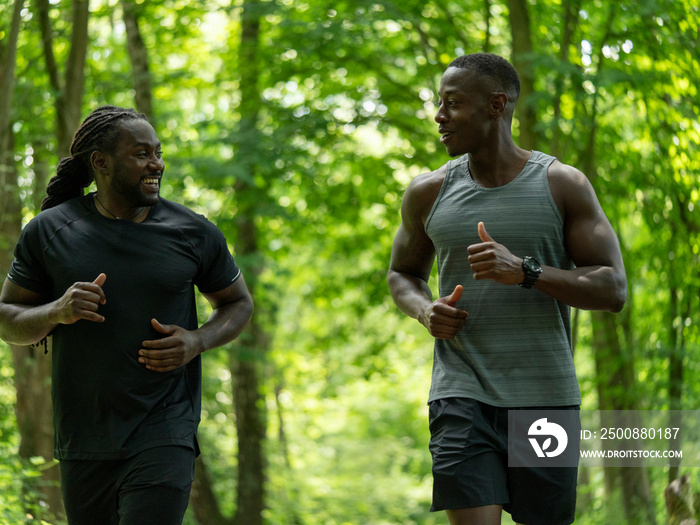 Two men jogging in forest in summer