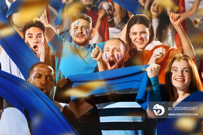 Collage with excited French football, soccer fans cheering their team with blue scarfs at crowded stadium. Concept of sport, emotions, team event, competition.