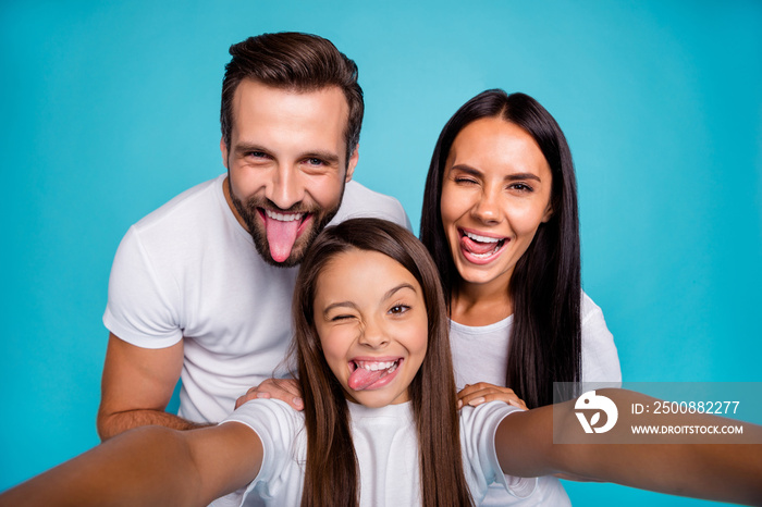 Carefree daddy mommy and small lady making funky selfies wear casual outfit isolated blue background