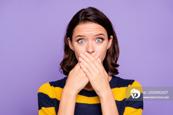 Close up photo beautiful amazing she her lady hiding mouth hands arms oh no expression eyes full fear know rumours speechless wear blue yellow striped pullover isolated violet purple background