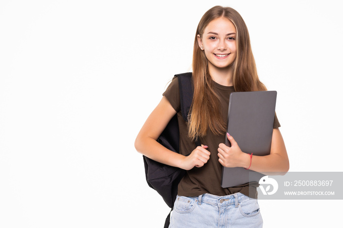 Smiling student holding laptop and looking at camera isolated on a white background