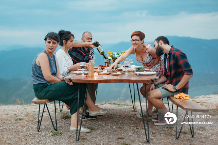 Friends and family gathered for picnic dinner for Thanksgiving. Festive young people celebrating life with red wine, grapes, cheese platter, and a selection of cold meats