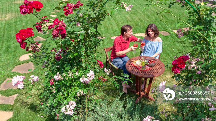 Young couple enjoying food and wine in beautiful roses garden on romantic date, aerial top view from above of man and woman eating and drinking together outdoors in park