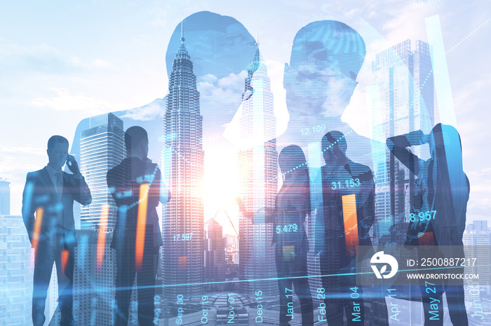 Creative image of businesspeople working together on abstract city office background with daylight and forex chart. Teamwork, trade, stock and finance concept. Double exposure.