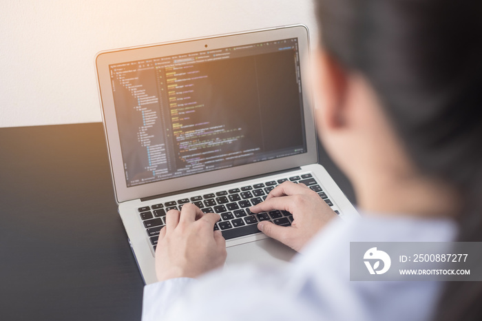 Young business woman programmer working at office. woman hands coding and programming on screen laptop, in programming concept