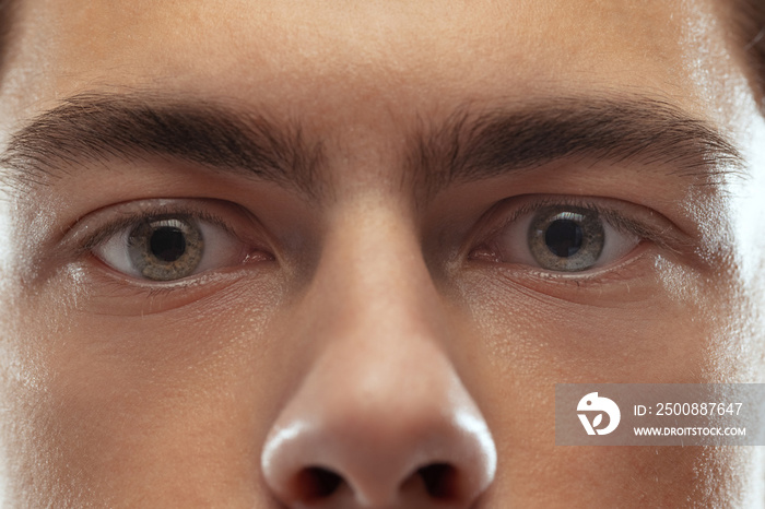 Blue eyes. Close-up upper face of young man. Man looking at camera. Handsome boy with well-kept skin.