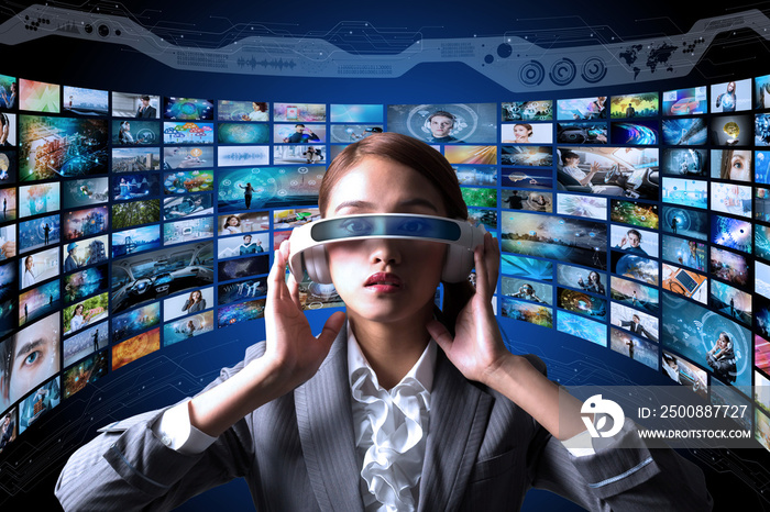 young woman wearing heads mount display and various pictures. internet streaming service concept.