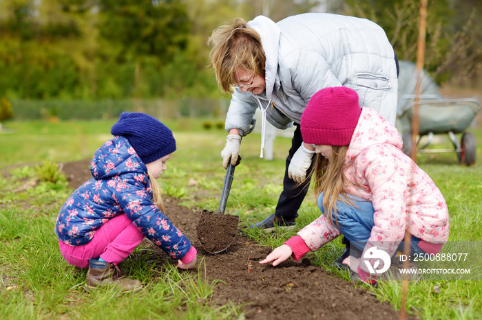 Two cute little sisters helping their grandmother in a garden. Children taking part in outdoor household chores.