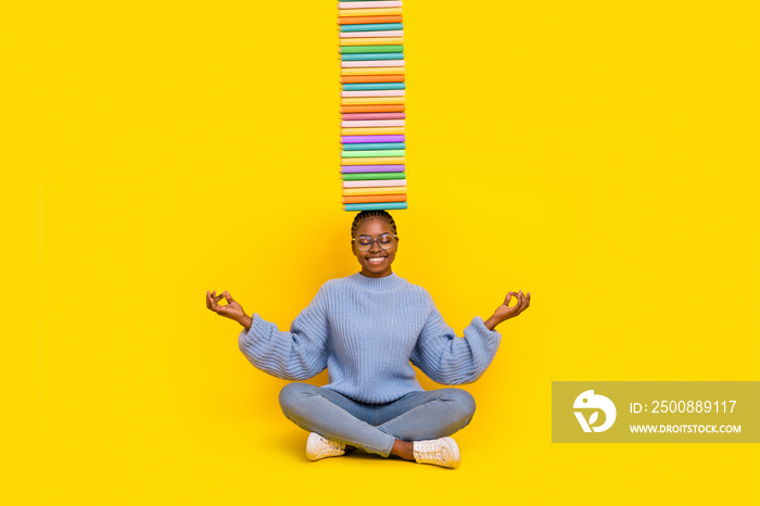 Modern sketch of scholar with textbook pile try balance free study time meditate om isolated on bright color background