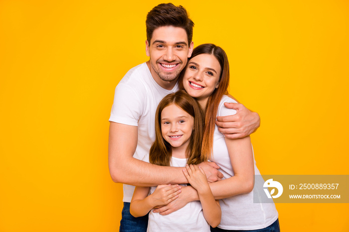 Photo of daddy mommy and little foxy lady having best time wear casual outfit isolated yellow background