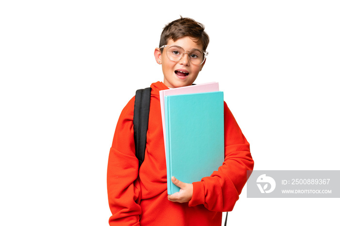 Little caucasian student kid over isolated chroma key background with surprise facial expression