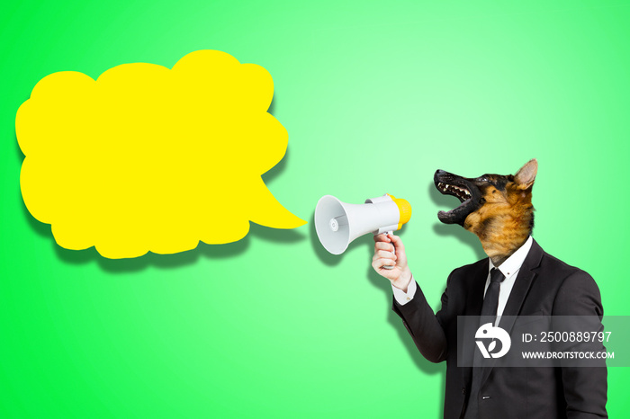 Dog businessman shouting at empty cloud bubble