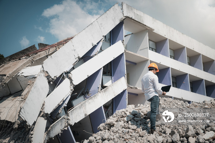 Engineer holding laptop is checking for destruction, demolishing building.