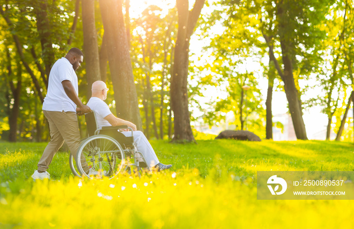 Caregiver and old man in a wheelchair. Professional nurse and patient walking outdoor in the park at sunset. Assistance, rehabilitation and health care.