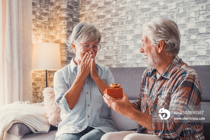 Portrait of two cute and old seniors at home having fun together. Mature man  giving a gift at his wife for Christmas or anniversary. Surprised pensioner woman looking at the present.