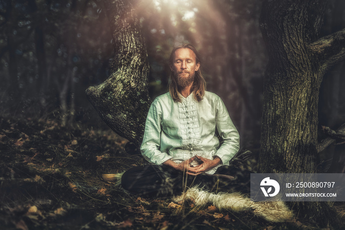 Middle aged Caucasian man practices tai chi in the summer. Meditation and relaxation in nature. Healthy lifestyle and sports.