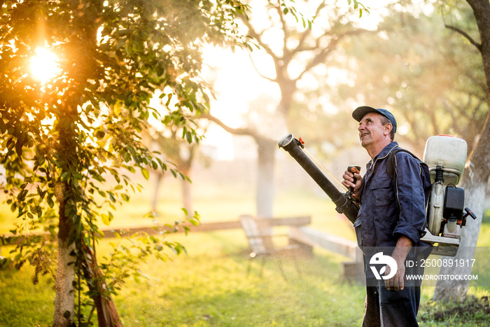 Agricultural industrial details with farmer using sprayer machine for pesticide control in fruit orchard during sunset time