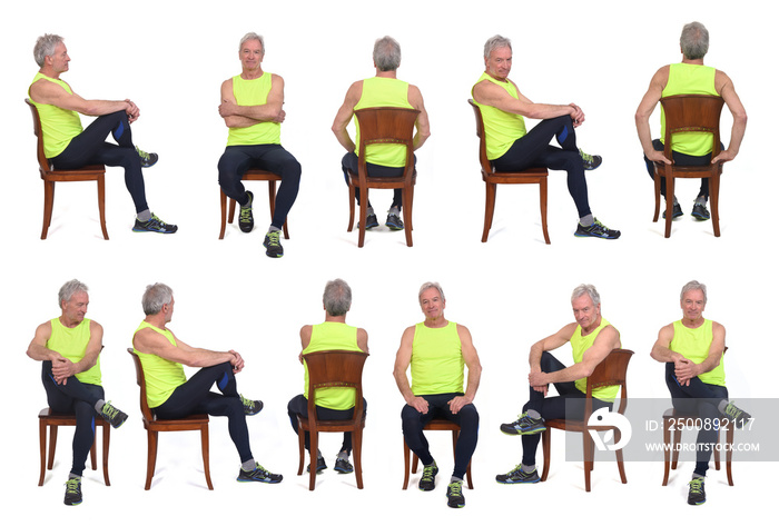 large group of same man with sportswear sitting on chair on white background