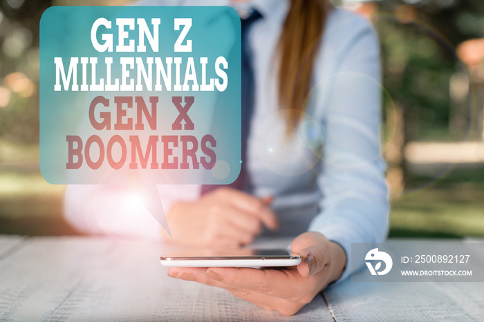 Writing note showing Gen Z Millennials Gen X Boomers. Business concept for Generational differences Old Young showing Female business person sitting by table and holding mobile phone