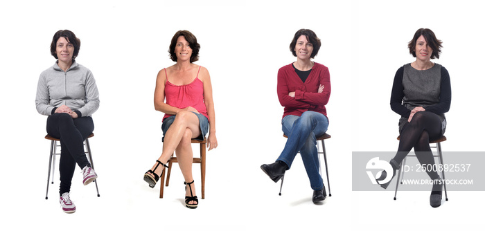 woman with various types of clothes sitting  on white background