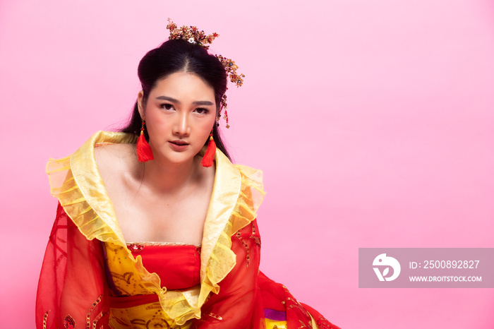 Red Gold lace of Chinese Traditional Costume Opera or South East Asia Reddish Dress in Asian Woman with decoration portrait in many poses under Studio lighting Pink background, collage group pack