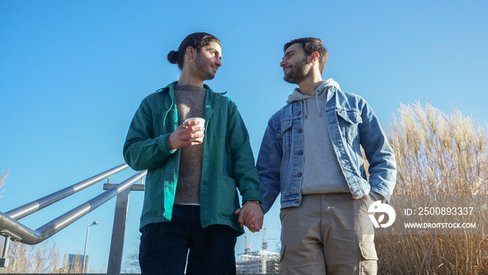 Smiling gay couple holding hands