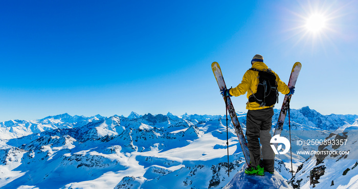 Ski area with amazing view of swiss famous mountains in beautiful winter snow  Mt Fort. The matterhorn and the Dent d’Herens. In the foreground the Grand Desert glacier.