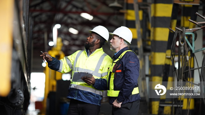 Portrait of engineer and apprentice in workshop of railway engineering facility