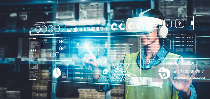 Future virtual reality technology for innovative VR warehouse management . Concept of smart technology for industrial revolution and automated logistic control .