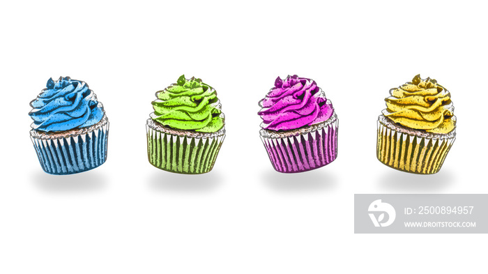 Illustration of four colourful cup cakes bouncing / floating with a soft drop shadow. The cupcakes are blue, green, pink and yellow.