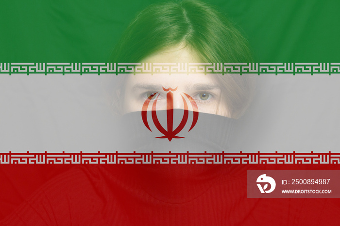 Defocus young woman, protest in Iran. Conflict war over border. Country flag. Woman low rights. Male hands.  Iranian women. Violence Iran women. Activism. Out of focus