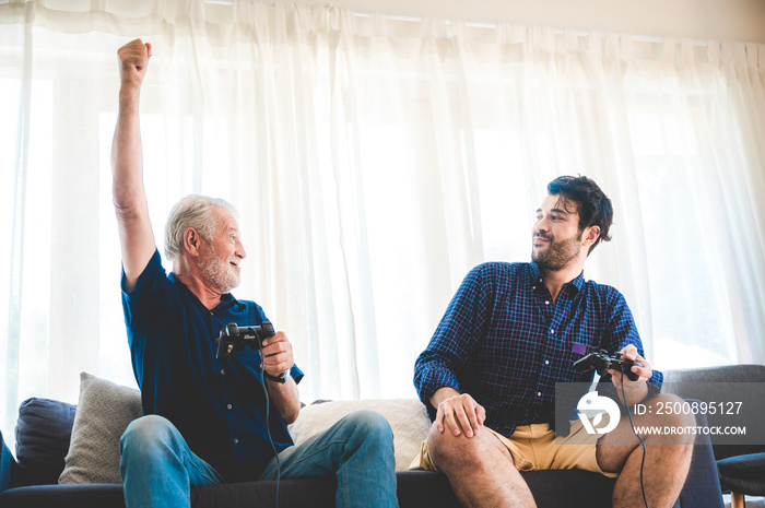 Portrait of happy smiling senior father at home, senior man in family concept