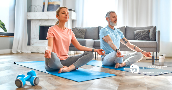 Sport, fitness and healthy lifestyle concept. Mature couple doing exercise or yoga at home. How to stay healthy in quarantine.