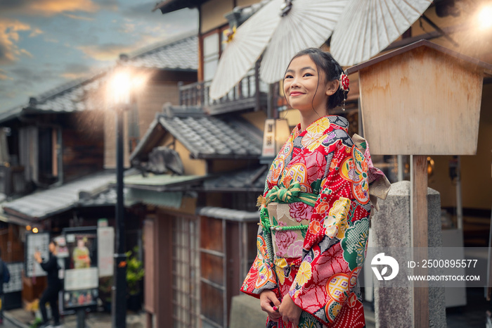 Asian woman wearing japanese traditional kimono at Yasaka Pagoda