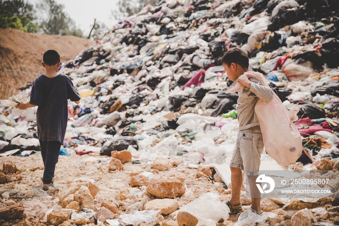 Poor children collect garbage for sale,, the concept of pollution and the environment,Recycling old rubbish,World Environment Day