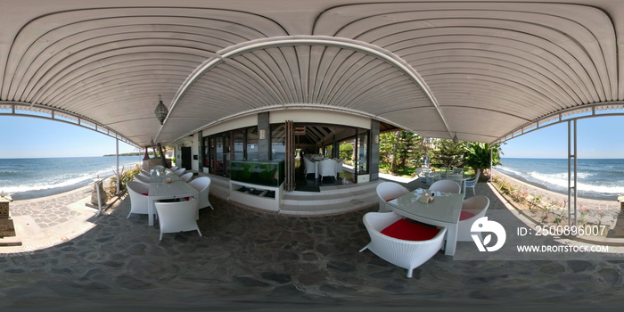 vr 360 restaurant by sea in tropical resort, travel concept