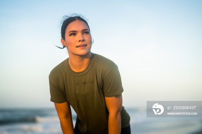 Marine veteran trains every morning on the beach to stay in shape just like when she was on active duty.