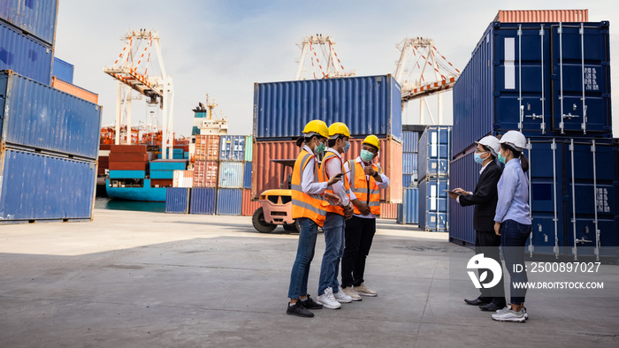 Worker team standing meeting and training in container site