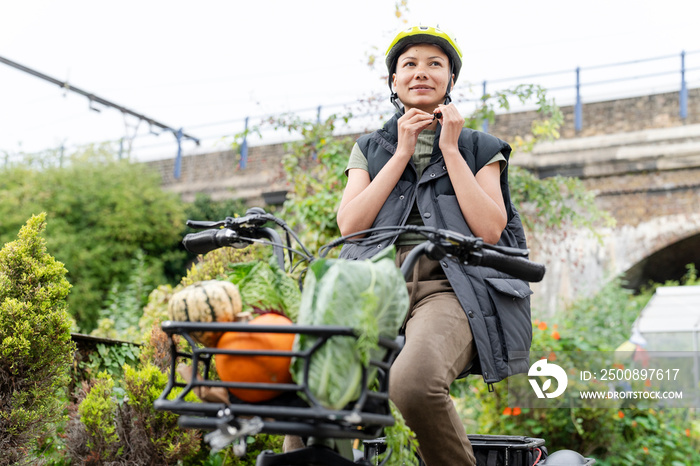 Smiling woman fastening helmet on cargo electric trike with homegrown vegetables