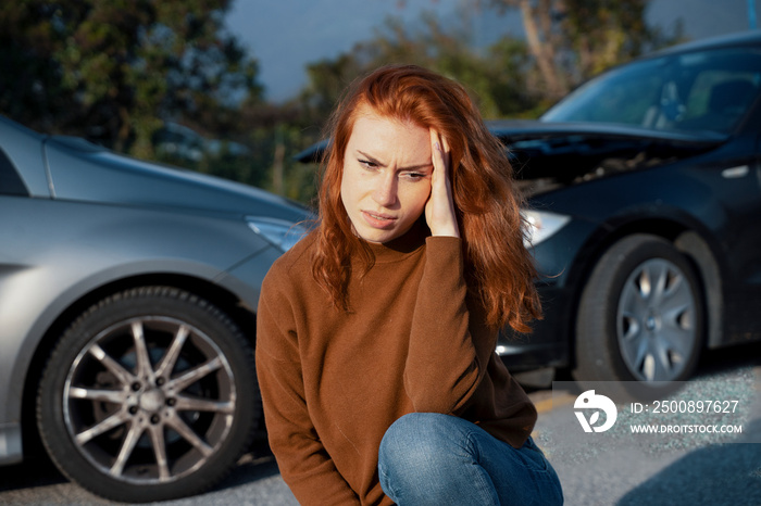 Portrait of woman suffering pain after car accident